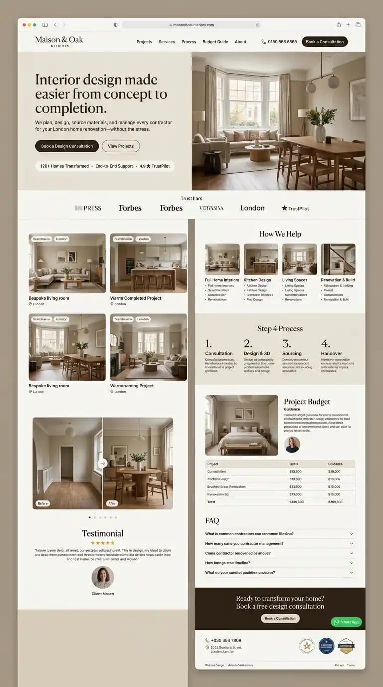 Maison & Oak interior design portfolio website mockup
