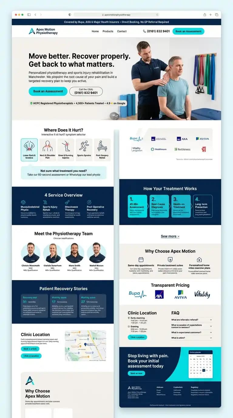 Apex Motion sports physiotherapy and clinic website mockup